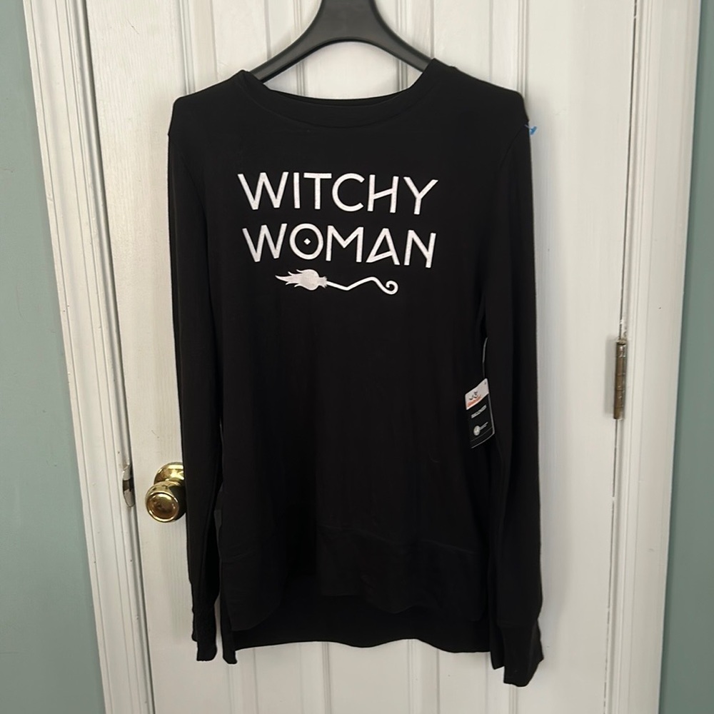 Black long sleeve tee shirt with “witchy woman” detail